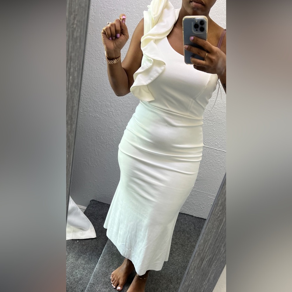 White midi one should dress with ruffle detail